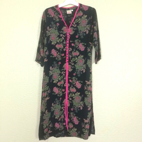 NEERU KUMAR women's floral tunic black and pink sz S buttons v neck tunic Dress - Picture 1 of 13